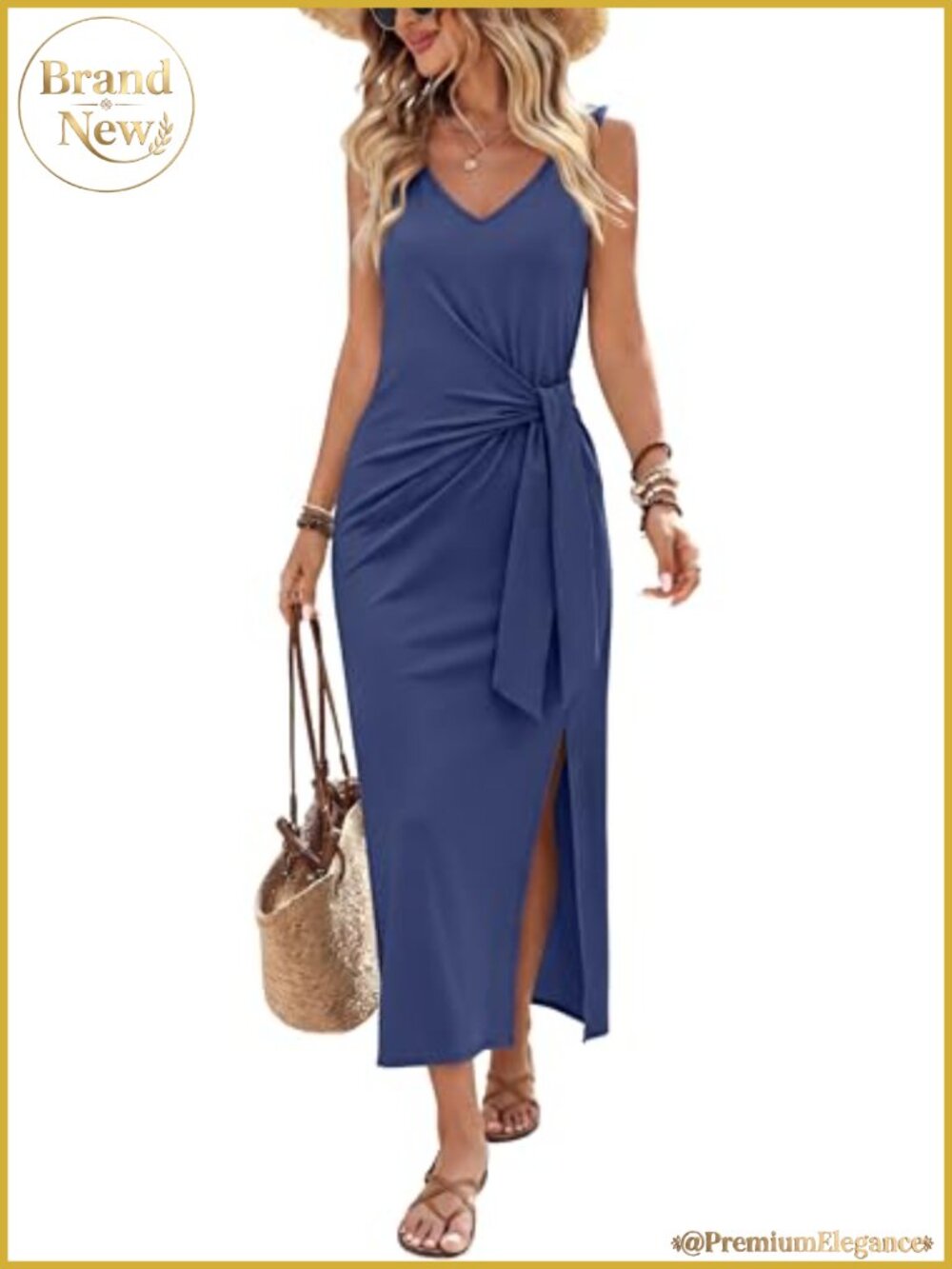 V Neck Sleeveless Wrap Midi Dress with Tie Waist and Side Slit